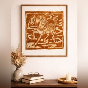 Rust Dye Batik Horse Wall Art 8x8 Handmade Textile Art Framed Asian Decor